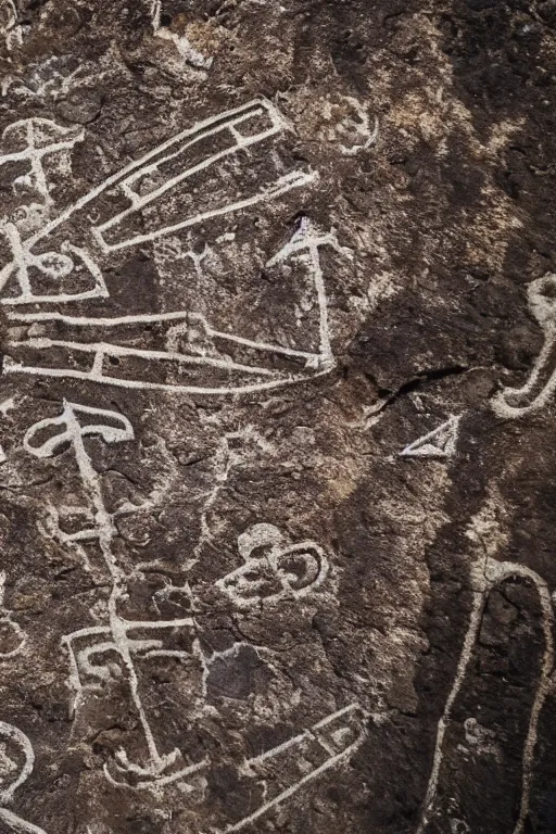 Image similar to 4 k photography of petroglyphs representing crosses, sauwastica, wifi symbol on a cave