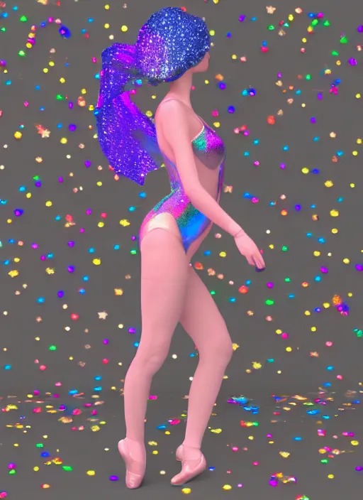 Prompt: 3 d render of a jester angel covered in glitter glue in a holographic leotard