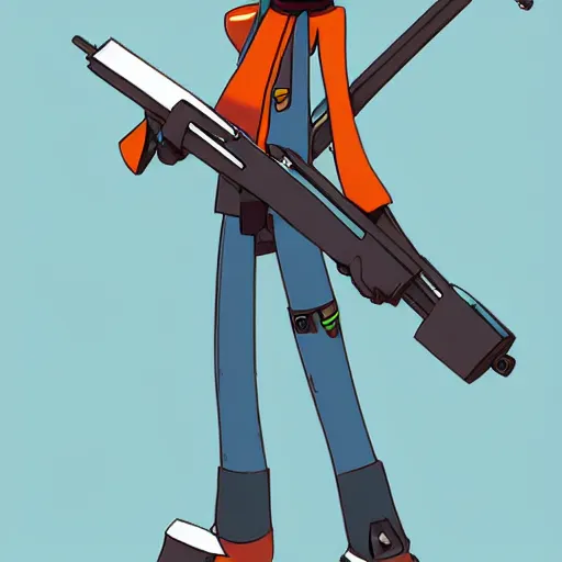 Image similar to canti from flcl anime holding a valorant style sniper rifle. character design. digital art. masterpiece.