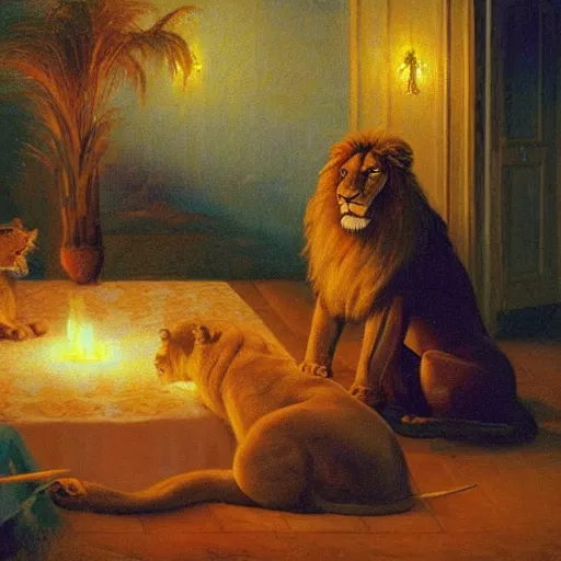 Image similar to Putin dines on tiny pineapples, a lion lady lies on the floor, high definition. digital art, 4k, by Delphin Enjolras