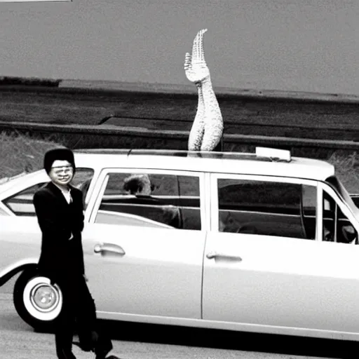 Image similar to 1960s press archive of middle-aged Kim Jong-il coming out of a car and a giant starfish-monster arm crushing the car, underexposed, kaiju-eiga by Ishirō Honda
