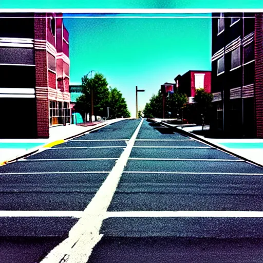 Prompt: Photograph of a liminal middle class American suburb, clean, empty street, broad daylight, glitches in reality, noisy filter, flat lighting