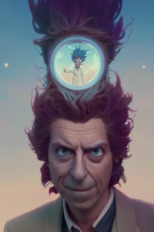 Image similar to highly detailed surreal vfx portrait of a rick sanchez, stephen bliss, unreal engine, greg rutkowski, loish, rhads, beeple, makoto shinkai and lois van baarle, ilya kuvshinov, rossdraws, tom bagshaw, alphonse mucha, global illumination, detailed and intricate environment