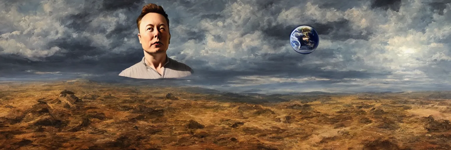 Prompt: an oil painting of hyper realistic landscape of the earth in 1 b years, with big elon musk head statue