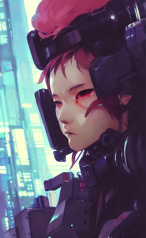 Image similar to cyberpunk anime girl mech, cyberpunk accessory, side view, 3 / 4 shot, street night, beautiful face, grafity, arcane, detail, good face, pose model, concept art, in style of yoji shinkawa, pan ren wei, col price, atey ghailan, by greg rutkowski, aesthetic, digital painting, 3 d