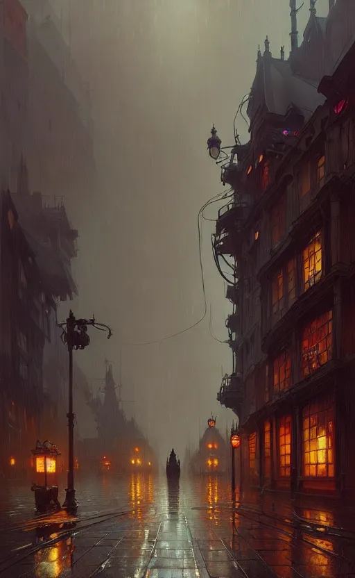 Image similar to an old victorian city with rainy atmosphere and moody and cinematic lighting by alphonse mucha, simon stalenhag and darek zabrocki, cinematic and atmospheric, concept art, artstation, trending on artstation