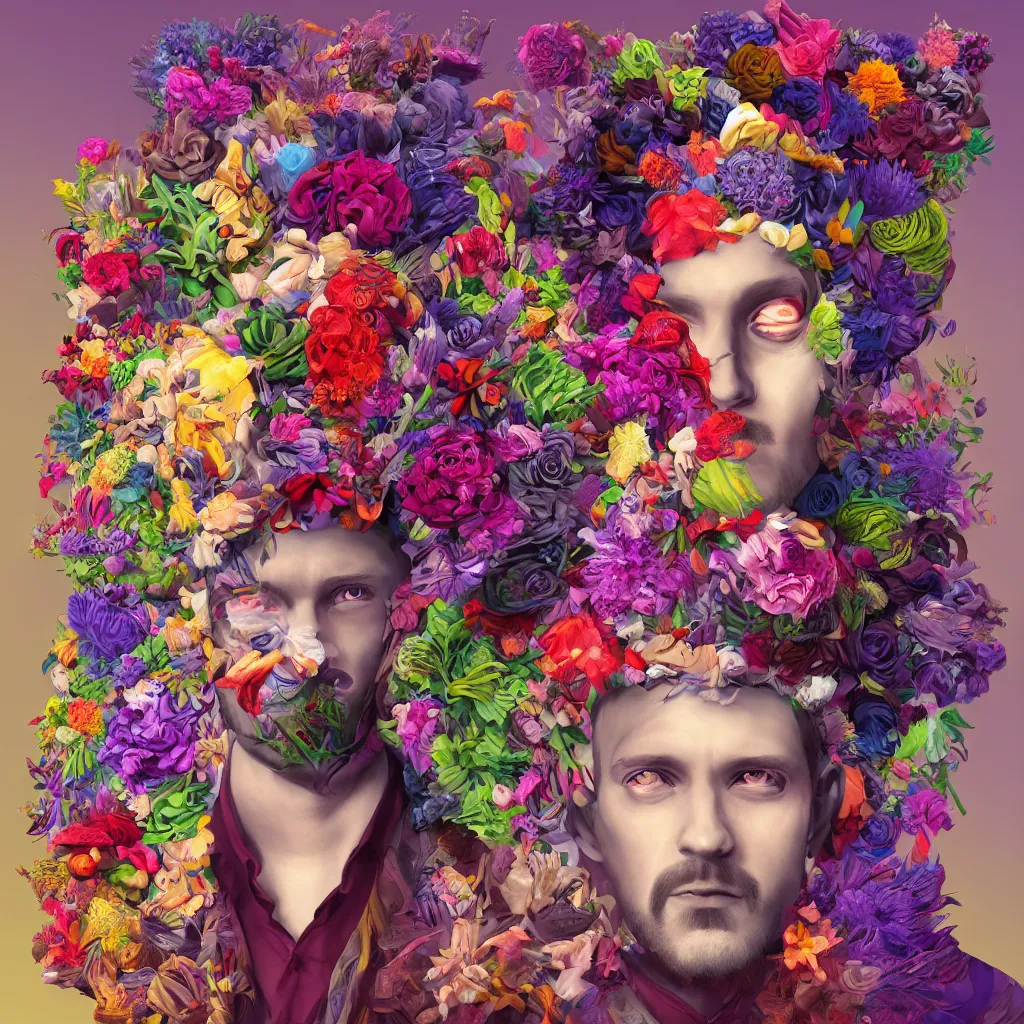 Image similar to a raytraced image album cover of a man with a strange hat on his head, behance contest winner, award winning, masterpiece, pop surrealism, made of flowers, surrealist