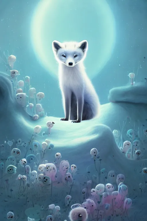 Prompt: a surreal Bioluminescent, very very very cute Arctic Fox in a happy world by Daniel Merriam, Trending on Artstation, oil on Canvas by Elena Zhurikhina and Goro Fujita and Charlie Bowater, octane render, 4k, 8k, HD