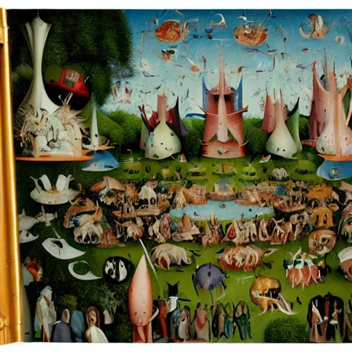 Prompt: a photorealistic details of a bosch garden of earthly delights taken by martin parr