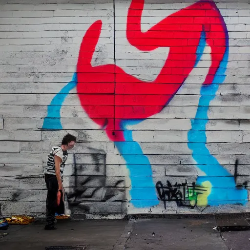 Image similar to spray paint graffiti of vitalik buterin Ethereum on walls in the style of banksy