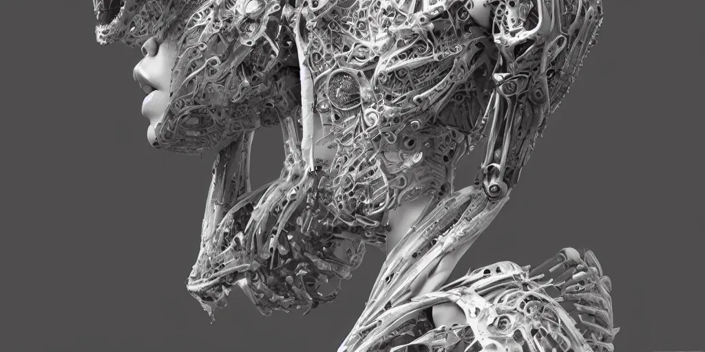 Image similar to photorealistic gorgeous symmetrical female cyborg, holding intimately, highly detailed, arms, knees, back, intricate, filigree, in the style of beth cavener, jin kagetsu, wlop, masterpiece, concept art, high key lighting, ambient lighting, octane render, 8 k, artstation