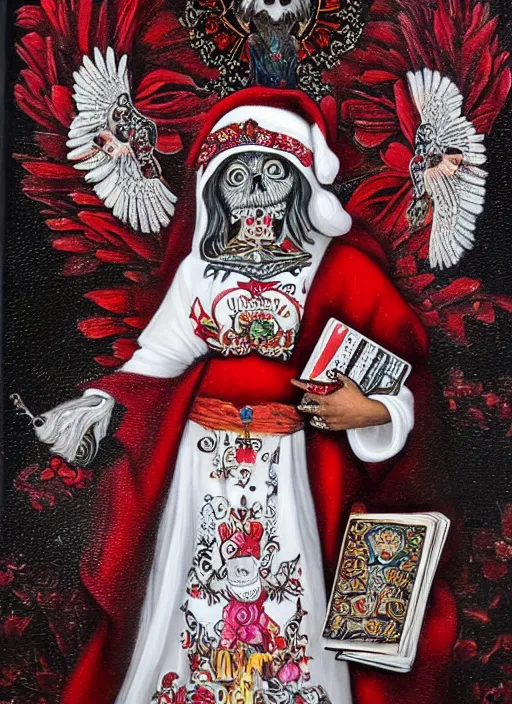 Image similar to masterpiece of Santa muerte with a book in her hand, her owl on her shoulder, and all around there are red and white flowers, guns and ammunitions offered by devotees + no crop, digital visionary art, extremely high detail, post processed,