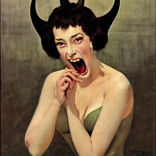 Prompt: portrait of an ecstatic woman with horns, by Robert McGinnis