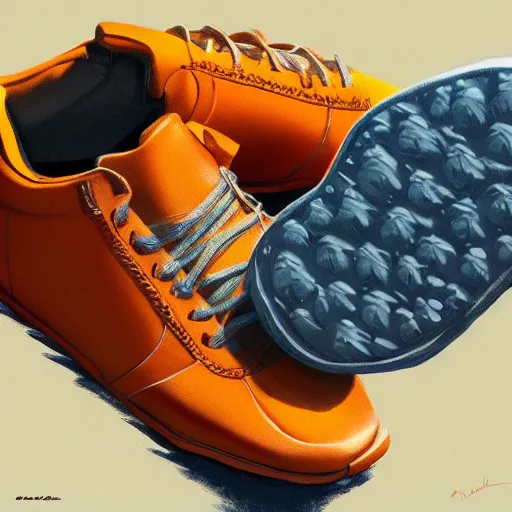 Prompt: water resistant orange sneakers, by Craig mullins, Steve Purcell, Ralph McQuarrie. Design. Fashion. Trending on artstation. Centered image, no background