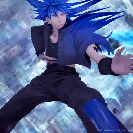 Image similar to a blue haired boy in a dynamic pose. character design. gesture drawing. line of action. official art, concept art. tetsuya nomura. final fantasy. shigenori soejima medium shot. ray tracing hdr. 8 k. uhd. sharp focus. symmetrical. coherent highly detailed. masterpiece. cinematic lighting..