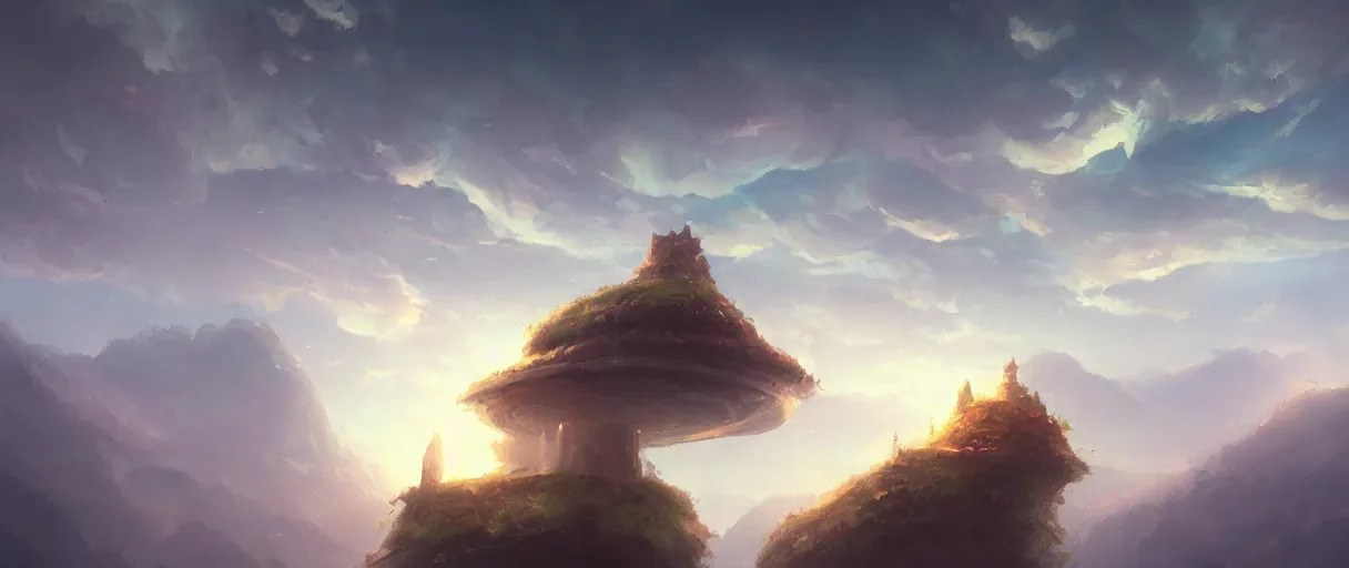 Image similar to floating islands in sky, concept art, low angle, cinematic, style of jordan grimmer