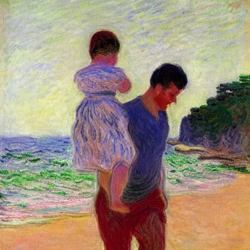 Image similar to a man carrying his child over his shoulders walking near the beach, anatomically correct, painting by monet, masterpiece