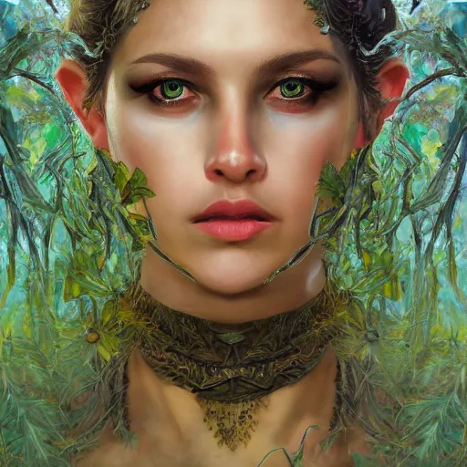Image similar to oil painting portrait of fantasy female warrior, symmetrical face, beautiful face, shining eyes, crystals, covered in plants, standing in the mystical forest, realistic oil painting, baroque, renaissance painting, dramatic, cinematic light, trending on artstation, rule of thirds, highly detailed