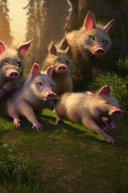 Prompt: three little pigs tickling the wolf who is begging for mercy. cinematic lighting, unreal engine, 8 k, hd extremely detailed. 4 k. award winning. ultra realistic photo.