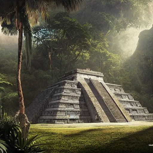 Prompt: mayan temple in the jungle, by tom bagshaw, by rembrandt, sunlit, mist, octane render
