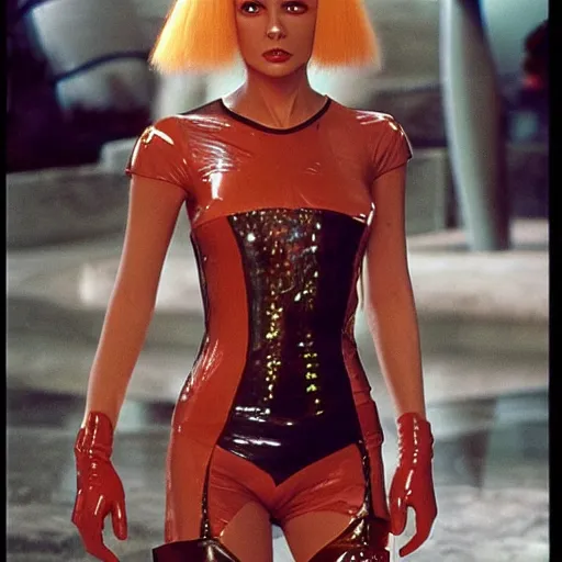 Image similar to avant - garde fashion mod in latex, still from movie the fifth element, highly detailed