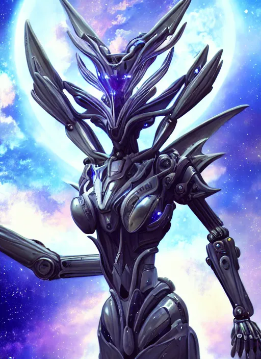 Image similar to goddess shot, galactic sized stunning beautiful anthropomorphic robot mecha female dragon, in space, larger than planets, posing elegantly, holding earth in sharp hand, detailed silver armor, epic proportions, epic scale, ultra detailed digital art, furry art, macro art, dragon art, giantess art, warframe fanart, furaffinity, deviantart, realistic