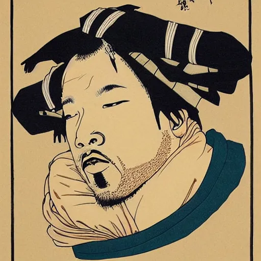 Image similar to U-God from Wu-tang Clan rapping, portrait, style of ancient text, hokusai