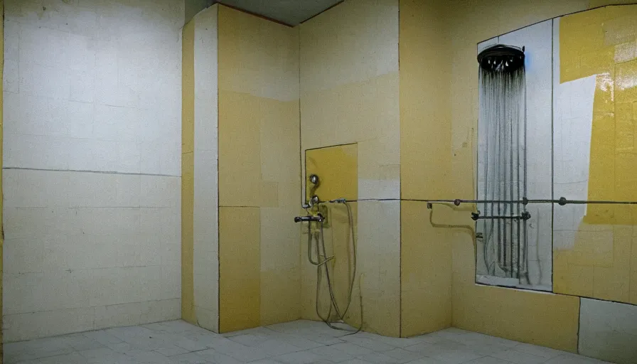 Prompt: 60s movie still of a sovietic stalinist style empty prison shower light yellow tiles, cinestill 800t 50mm eastmancolor, liminal Space style, heavy grain-s 150