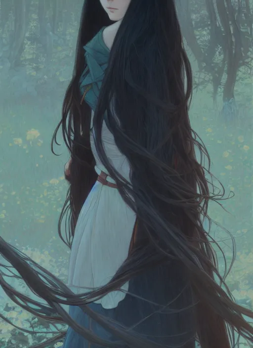 Prompt: pretty young woman with long black hair walking in the darkness, path traced, highly detailed, high quality, digital painting, by studio ghibli and alphonse mucha, leesha hannigan, makoto shinkai, disney