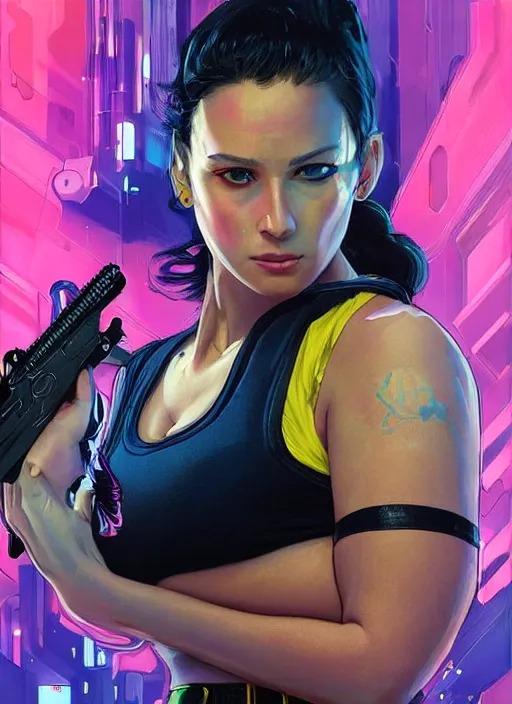 Prompt: beautiful cyberpunk female athlete wearing pink jumpsuit and pointing a yellow belt fed pistol. advertisement for pistol. cyberpunk ad poster by james gurney, azamat khairov, and alphonso mucha. artstationhq. gorgeous face. painting with vivid color, cell shading. buy now! ( rb 6 s, cyberpunk 2 0 7 7 )