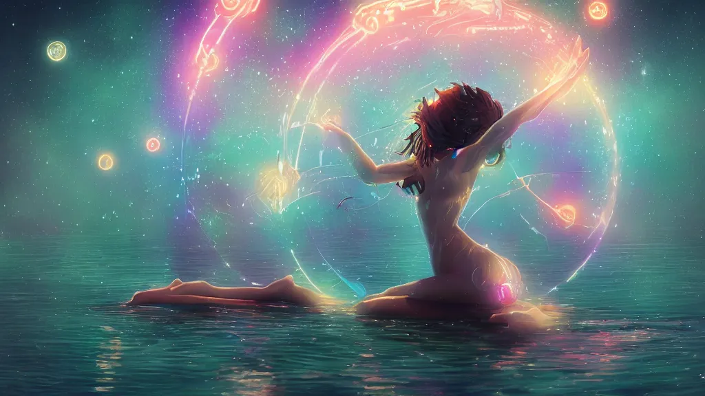 Image similar to one beautiful whimsical goddess standing in a lake basking in the moonlight, underneath a multi-colored binary blackhole with an accretion disc, glowing trails following her arms, steampunk, by Lois van Baarle, by Greg Rutkowski, by artgerm, by beeple, by studio ghibli, cinematic angle, volumetric lighting, 4k resolution, octane render, trending on artstation, masterpiece