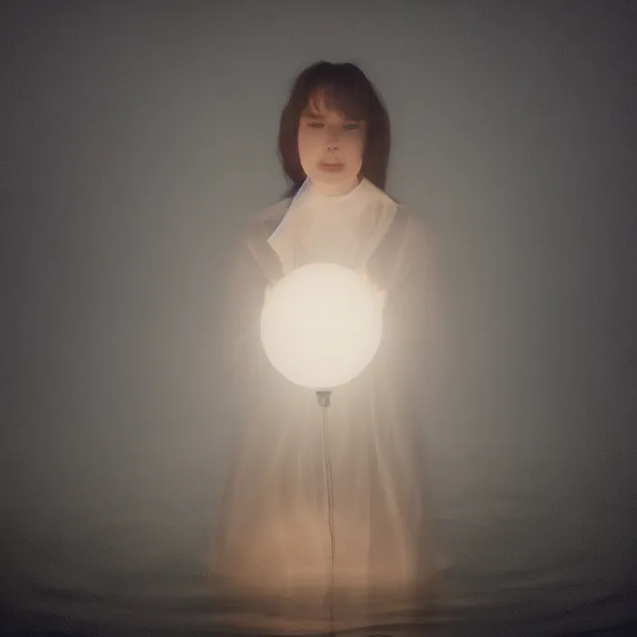 Prompt: a closeup portrait of a woman wrapped in plastic, standing next to a levitating luminescent orb, in a foggy lake, color photograph, by vincent desiderio, canon eos c 3 0 0, ƒ 1. 8, 3 5 mm, 8 k, medium - format print