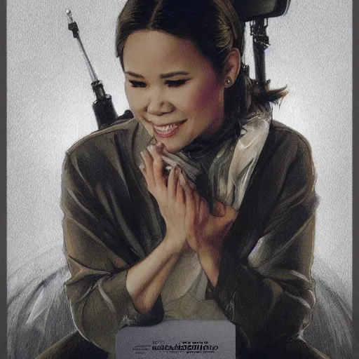 Image similar to amazing lifelike award winning pencil illustration of Lea Salonga in a helicopter trending on art station artgerm Greg rutkowski alphonse mucha miss Saigon cinematic