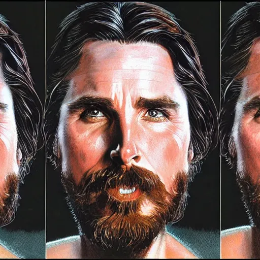 Prompt: Front and side portrait of Christian Bale by Donato Giancola