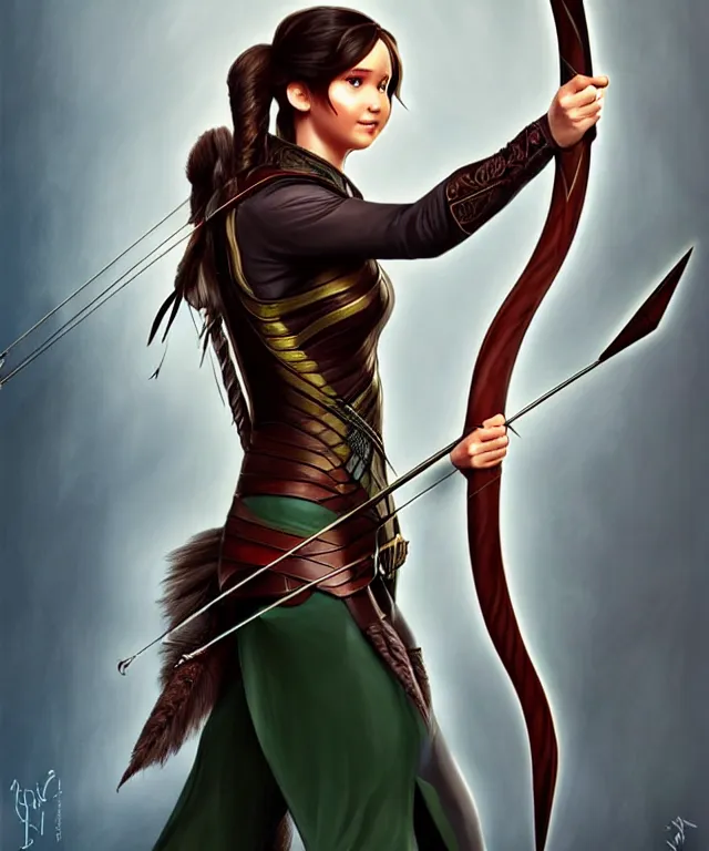 Prompt: katniss as a strong powerful angry fantasy elf with a bow and arrow, portrait, fantasy, intricate, elegant, highly detailed, digital painting, artstation, concept art, smooth, sharp focus, illustration, art by artgerm and larry elmore and alphonse mucha