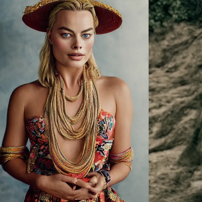 Image similar to portrait of Margot Robbie wearing traditional Balinese dress, by Charlotte Grimm, natural light, detailed face, CANON Eos C300, ƒ1.8, 35mm, 8K, medium-format print