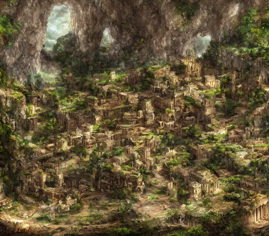 Image similar to the city of Rome but underground in an impossibly large cave,lush nature,fantasy art,realistic,high quality,detailed