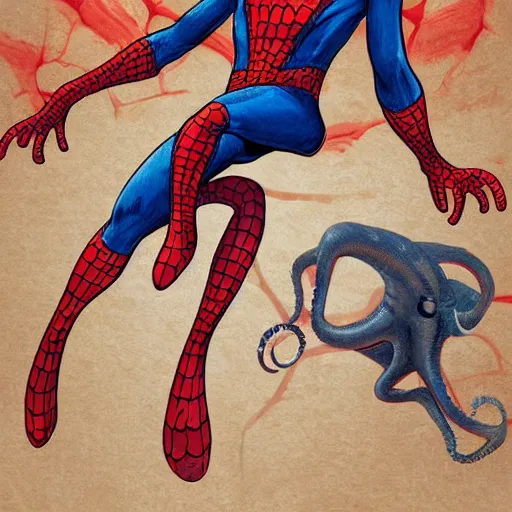 Image similar to octopus attacking and suffocating spiderman, photorealistic