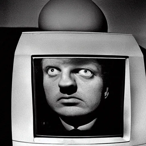 Prompt: man with a crt television for a head, 1970 photograph, otherworldly, liminal, eraserhead
