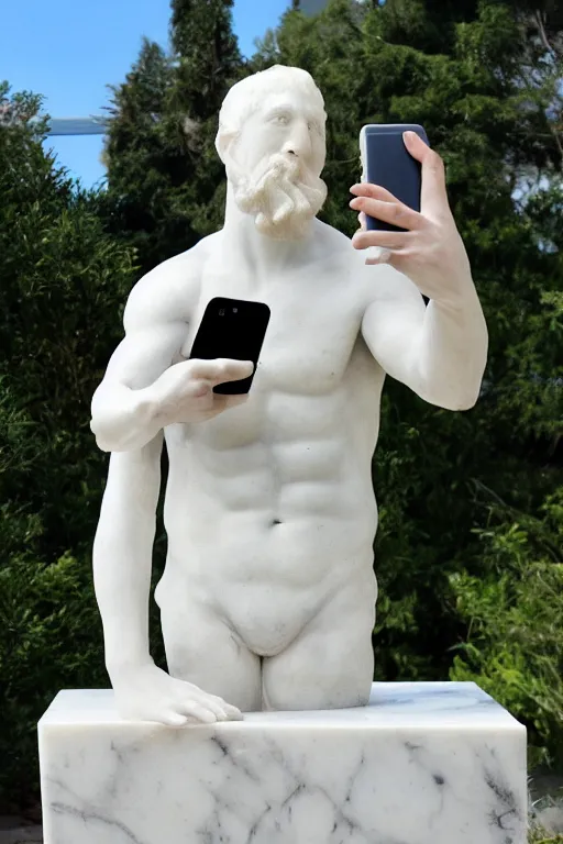 Prompt: marble sculpture of a man holding a marble phone to take a selfie