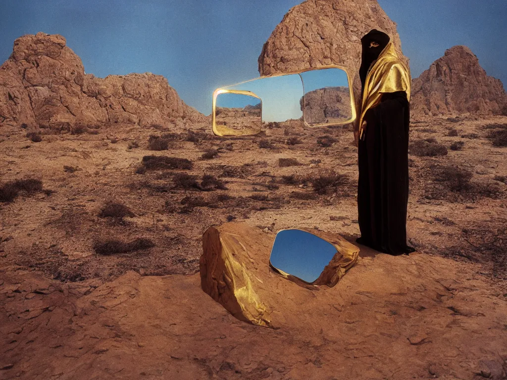 Image similar to levitating bene gesserit with full - face golden mask in a dry rocky desert landscape, visible sky and sunny atmosphere, fata morgana and giant square mirrors by alejandro jodorowsky, anamorphic lens, kodakchrome, practical effects, masterpiece, 8 k