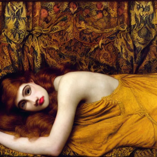 Prompt: preraphaelite photography reclining on bed, a hybrid of judy garland and a hybrid of lady gaga and anne hathaway, aged 2 5, big brown fringe, wide shot, yellow ochre ornate medieval dress, john william waterhouse, kilian eng, rosetti, john everett millais, william holman hunt, william morris, 4 k