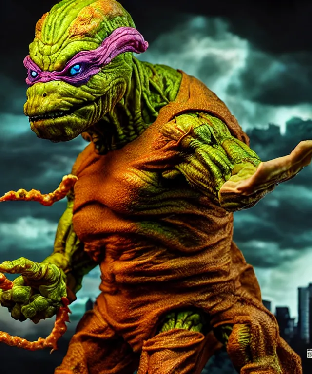 Image similar to hyperrealistic rendering, epic boss battle, cronenberg flesh monster tmnt, by art of skinner and richard corben, product photography, collectible action figure, sofubi, hottoys, storm clouds, outside, lightning