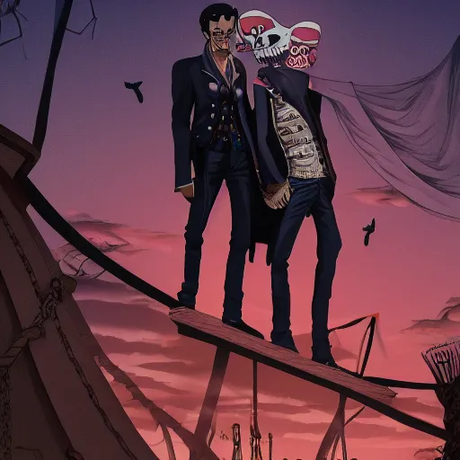 Prompt: two young men, one man human, one man vampire, night, on a birdge, detailed, intricate, aesthetic, artistic, 8 k resolution in the style of one piece