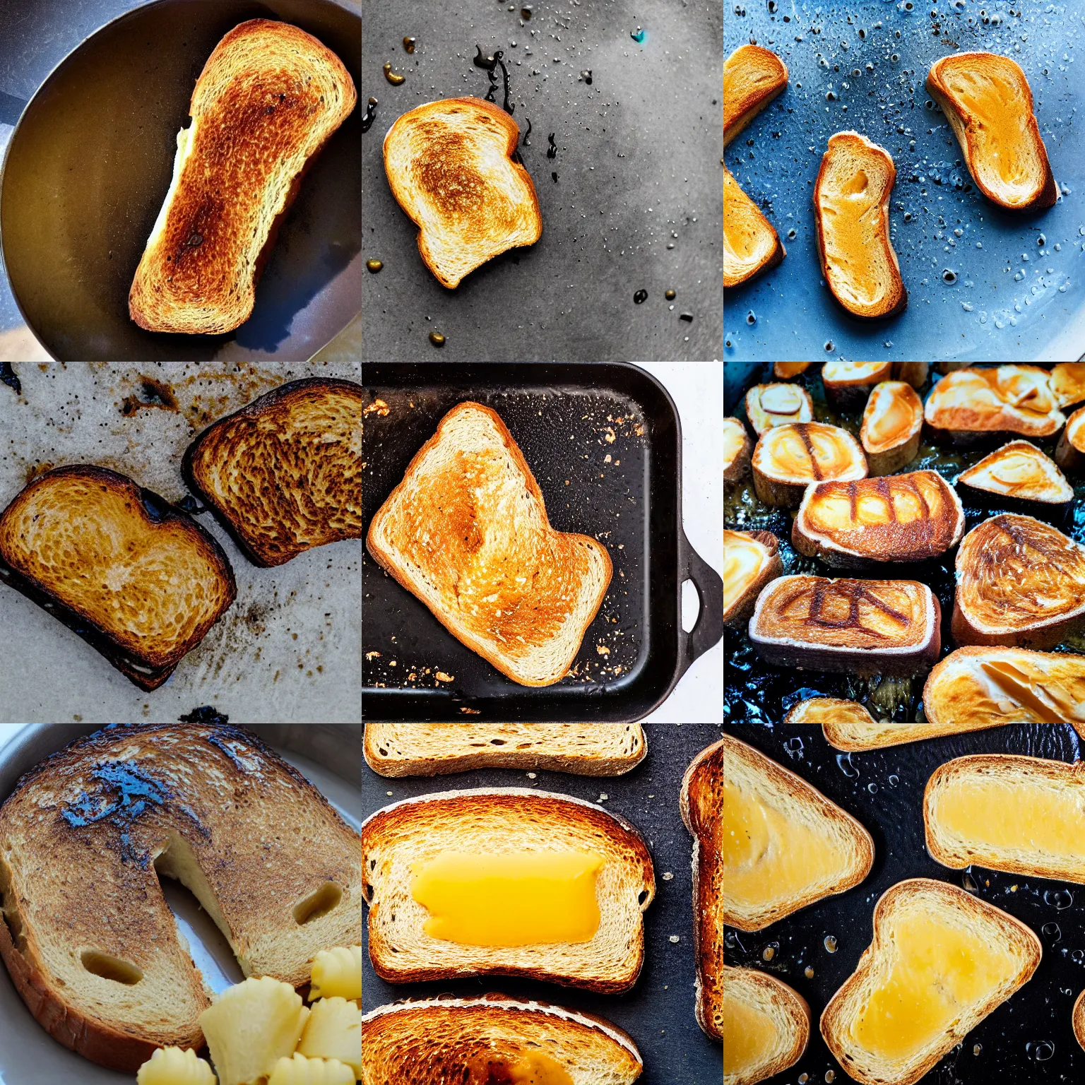 Prompt: buttery toast, burnt, soggy, underwater