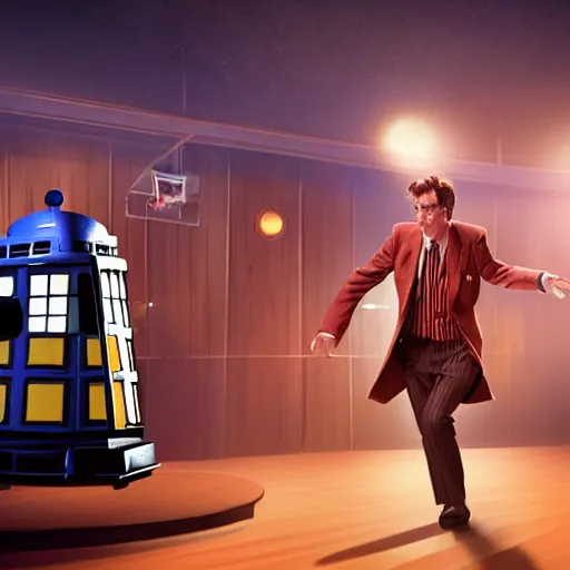 Image similar to the tenth Doctor Who at a polka dancing contest at the YMCA basketball gym, everyone in the background clapping including a Dalek, in the background the Tardis door is open, cgsociety, artstation, UE5, 8K, 4K, HQ, high energy, swing