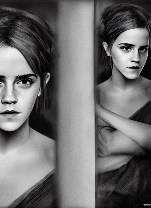 Image similar to photo emma watson standing looking at the camera, photo in the style of petter hegre, very intricate photorealistic