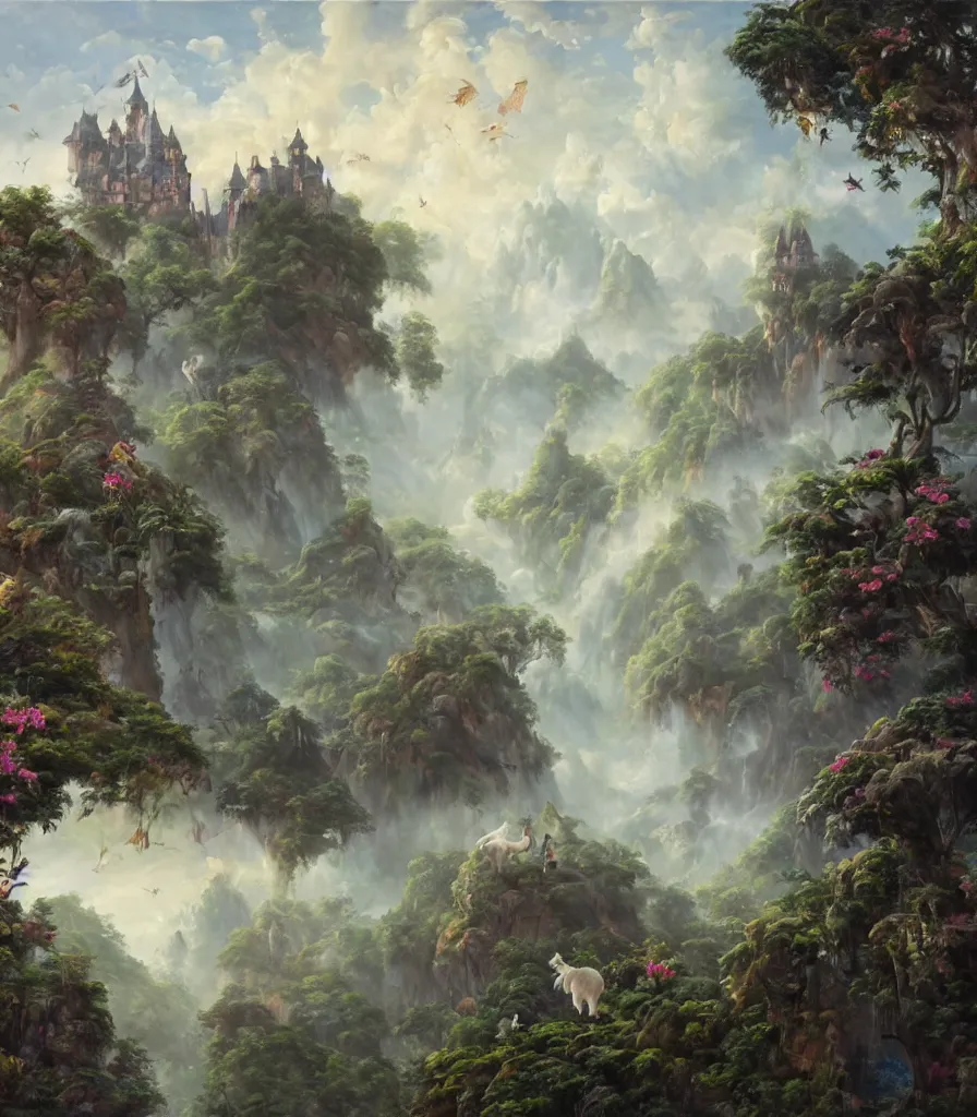 Image similar to a Breathtakingly enchanted landscape with floating Tropical islands, dogs with wings, and a mythical overgrown castle in the background, that are slightly obscured by magical mist in the style of Ken Hong Leung, artstudio, impasto oil painting, high fidelity, fine-grained, charcoal line art