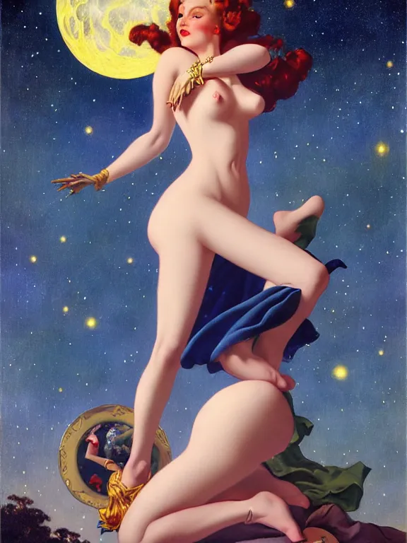 Image similar to ranni the witch, a beautiful art nouveau portrait by Gil elvgren and Hajime Sorayama, moonlit starry sky environment, centered composition, defined features, golden ratio, gold jewlery, photorealistic professional lighting, cinematic, sheer