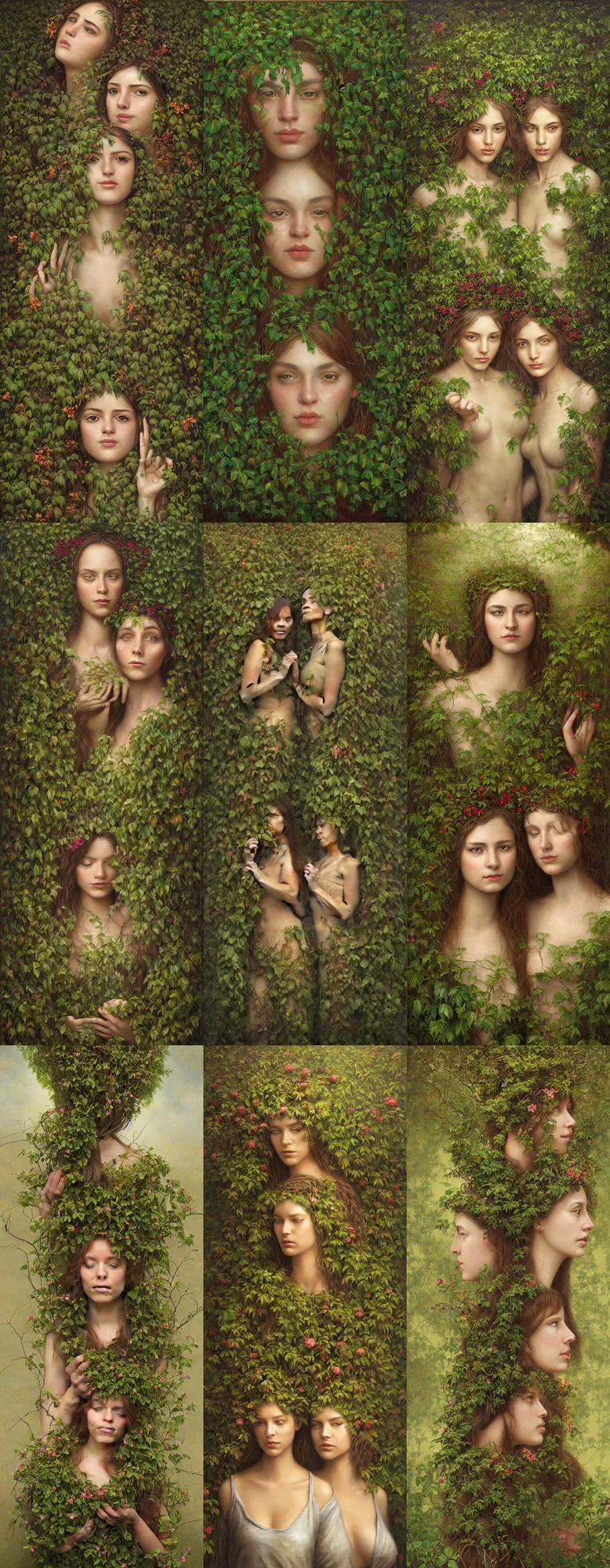 Prompt: a painting of two women with plants on their heads, a detailed matte painting by brad kunkle, featured on cgsociety, figurative art, made of vines, detailed painting, behance hd, midjourneyhd